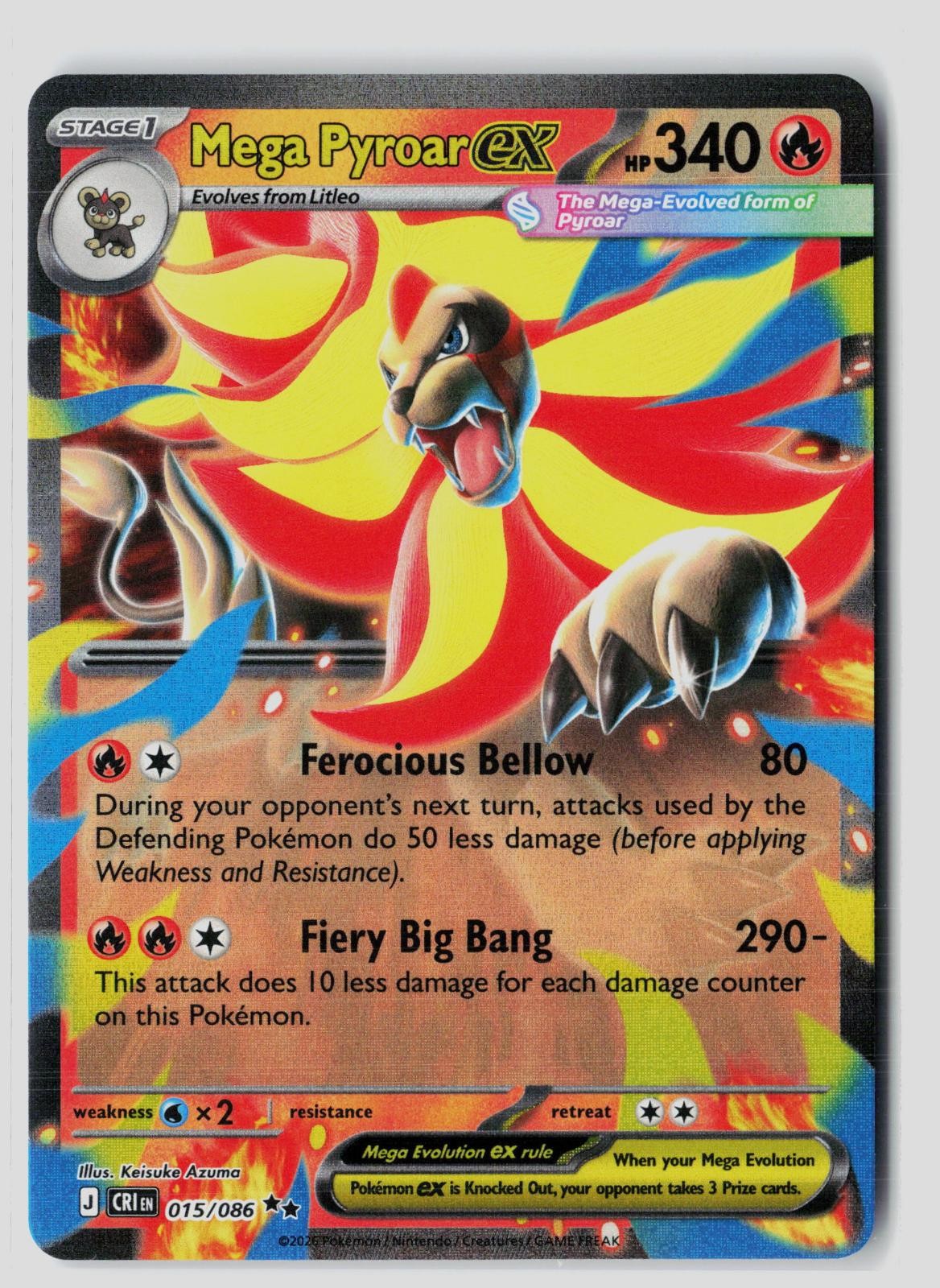Mega Pyroar ex 015/086 Double Rare Chaos Rising Holo Pokemon NM Keisuke Azuma