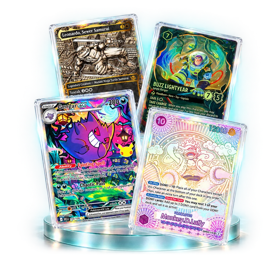 Pokémon, Magic, Lorcana and One Piece cards in slabs